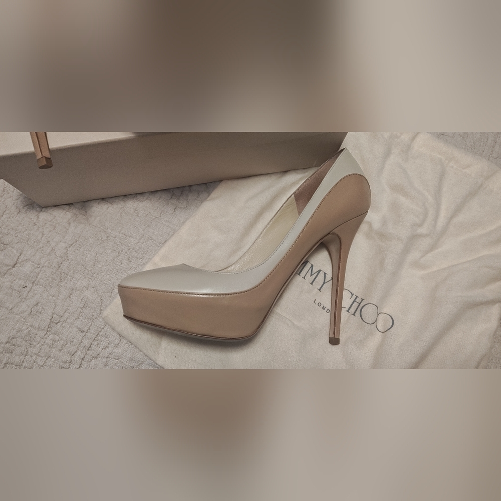 Jimmy Choo Women's SEPIA KNL Nude & White Kid/Nappa Leather Heels - Like New - Picture 3 of 16